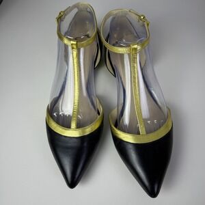 Nine West Black Gold Stripe T Strap Pointed Toe Ballet Flats Women's Size 8.5